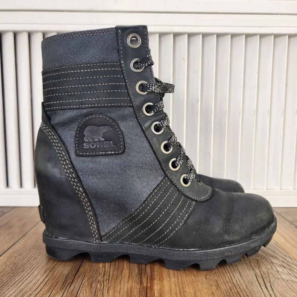 Sorel Lexie Boots Womens Sz 8 Black Leather Hidden Wedge Heel Lug Ankle Booties